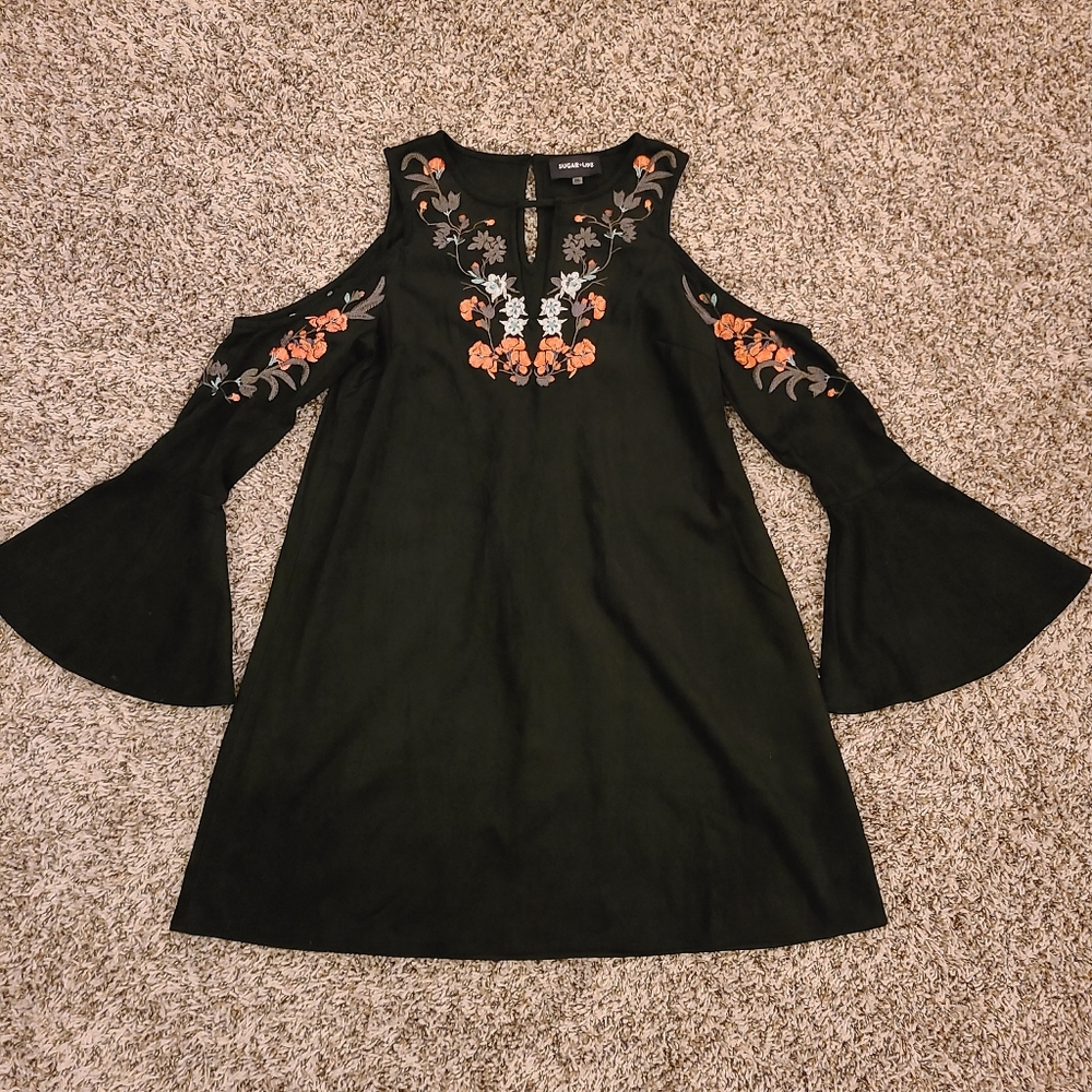 Sugar Lips Black Velvet Embroidered Mini Dress
